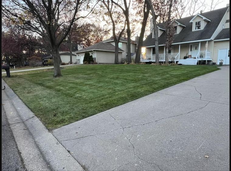 Real mowed front lawn serviced by Land of 10,000 Lawns